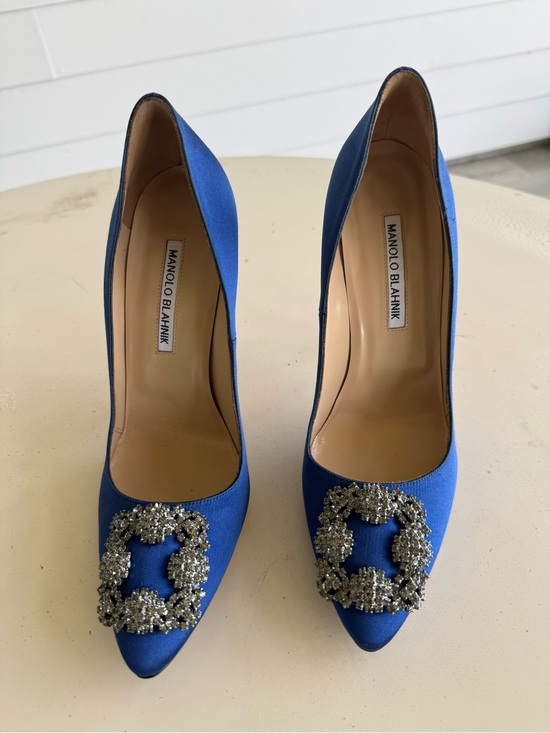 Manolo Blahnik Shoes - Manolo Blahnik Royal Blue Satin Crystal-Buckle Pointed Pump